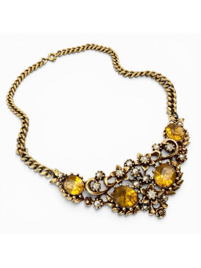 Vintage Jewelcraft Amber Rhinestone Necklace Gold Tone Floral Choker Faux Pearl